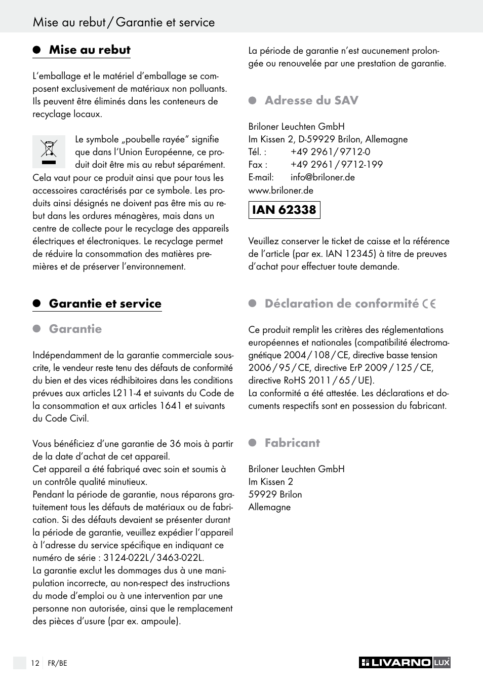 Mise au rebut / garantie et service, Inleiding / veiligheidsinstructies | Livarno 3124-022L /3463-022L User Manual | Page 12 / 21