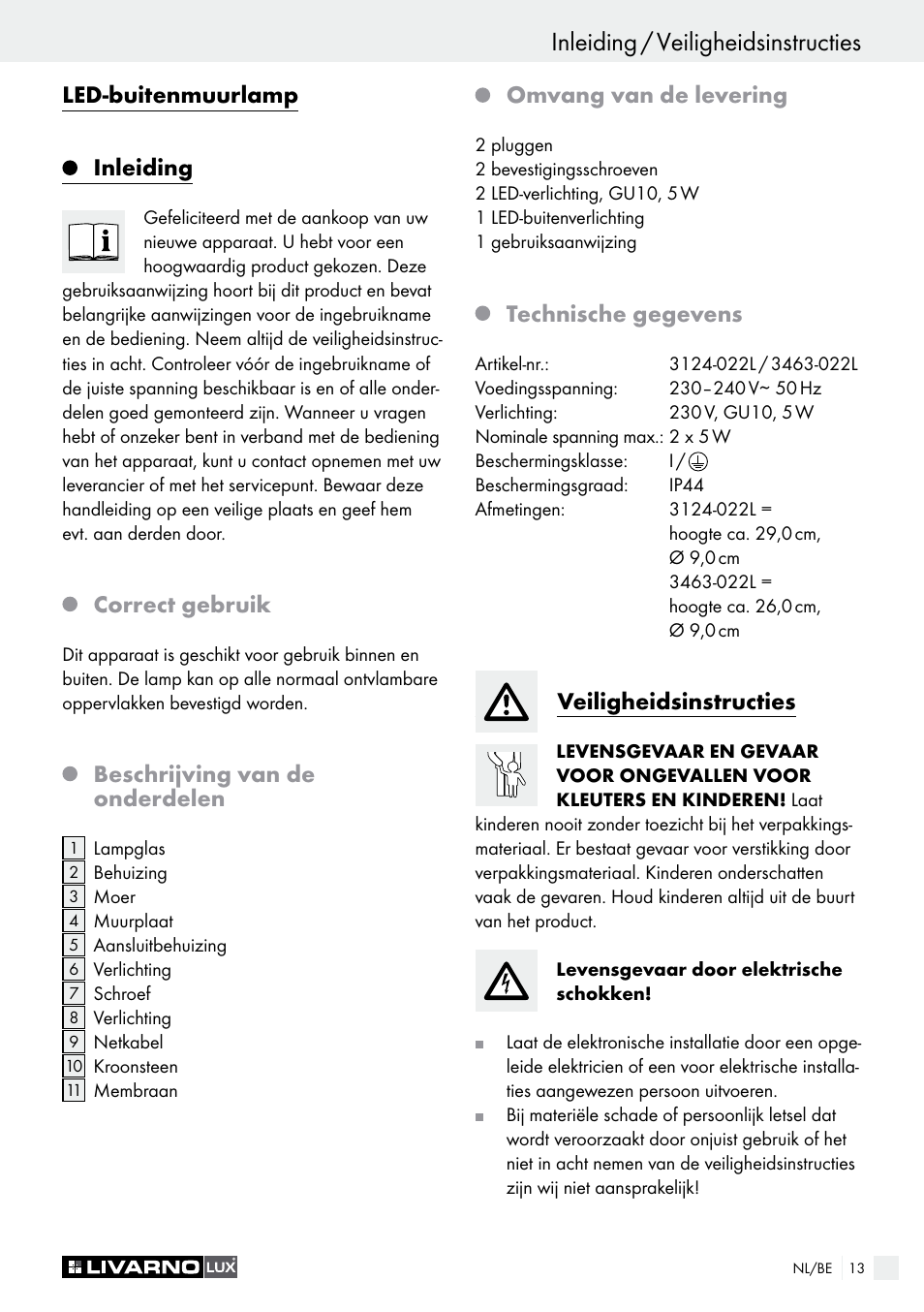 Led-buitenmuurlamp inleiding, Correct gebruik, Beschrijving van de onderdelen | Omvang van de levering, Technische gegevens, Veiligheidsinstructies | Livarno 3124-022L /3463-022L User Manual | Page 13 / 21