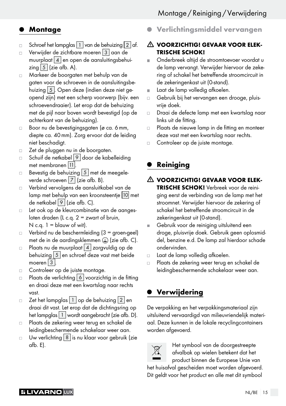 Montage / reiniging / verwijdering, Veiligheidsinstructies / voorbereiding, Montage | Verlichtingsmiddel vervangen, Reiniging, Verwijdering | Livarno 3124-022L /3463-022L User Manual | Page 15 / 21