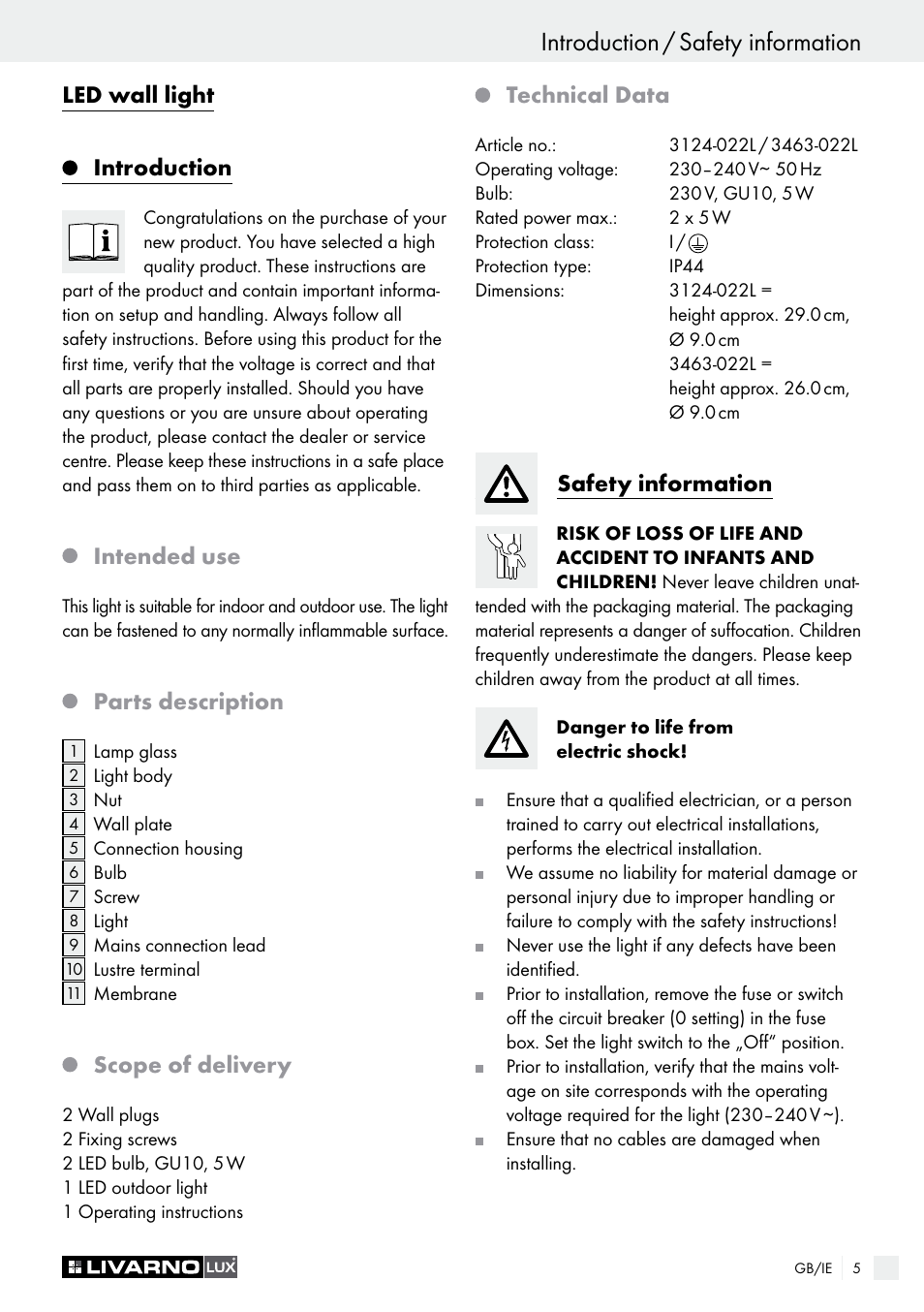 Introduction / safety information, Led wall light introduction, Intended use | Parts description, Scope of delivery, Technical data, Safety information | Livarno 3124-022L /3463-022L User Manual | Page 5 / 21