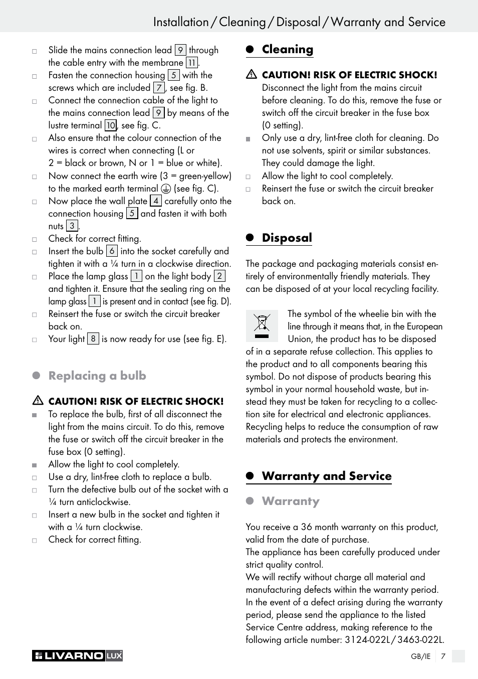 Safety information / preparation / installation, Replacing a bulb, Cleaning | Disposal, Warranty and service warranty | Livarno 3124-022L /3463-022L User Manual | Page 7 / 21