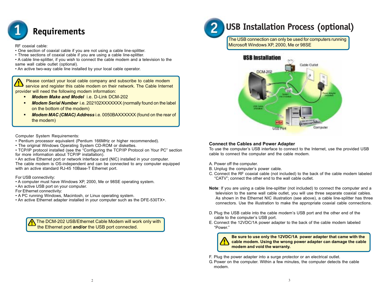 Requirements, Usb installation process (optional) | D-Link DCM-202 User Manual | Page 2 / 7