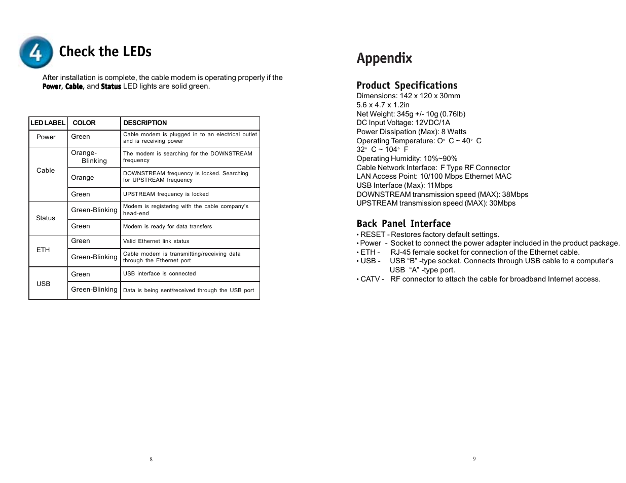 Appendix, Check the leds, Product specifications | Back panel interface | D-Link DCM-202 User Manual | Page 5 / 7