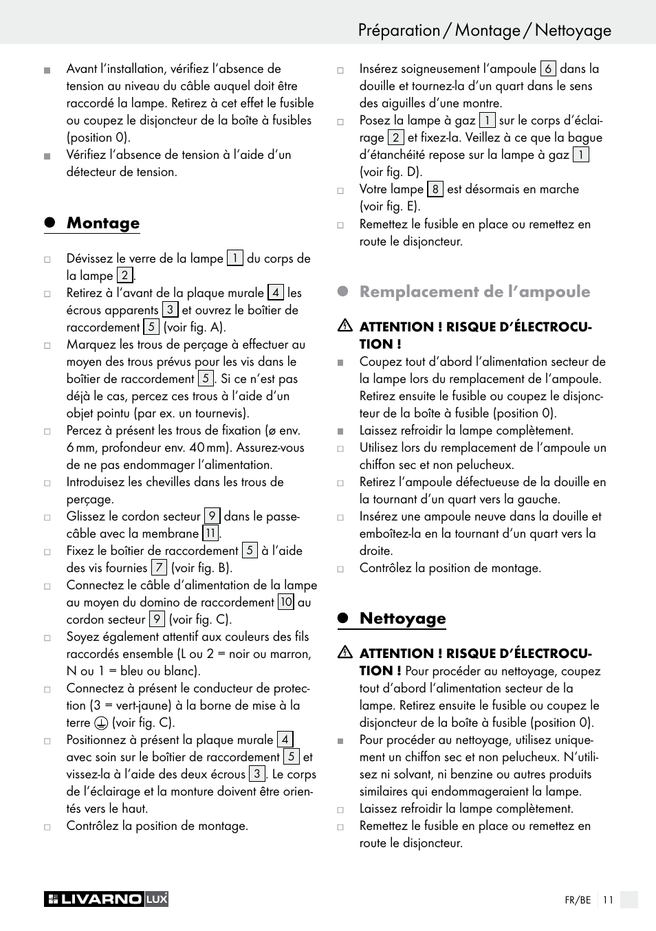 Préparation / montage / nettoyage, Indications de sécurité / préparation, Montage | Remplacement de l’ampoule, Nettoyage | Livarno 3125-012L/3425-012L/ 3432-012L User Manual | Page 12 / 22