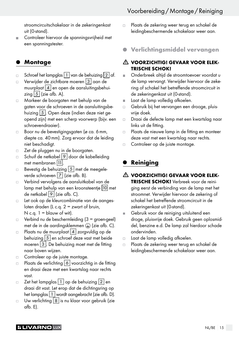 Voorbereiding / montage / reiniging, Veiligheidsinstructies / voorbereiding, Montage | Verlichtingsmiddel vervangen, Reiniging | Livarno 3125-012L/3425-012L/ 3432-012L User Manual | Page 16 / 22