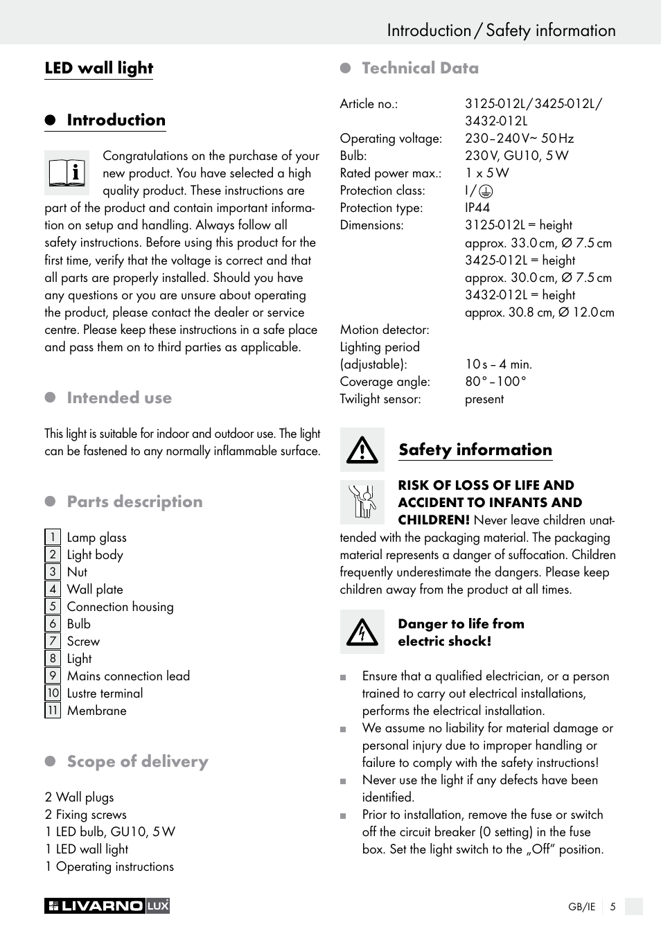 Introduction / safety information, Led wall light introduction, Intended use | Parts description, Scope of delivery, Technical data, Safety information | Livarno 3125-012L/3425-012L/ 3432-012L User Manual | Page 6 / 22