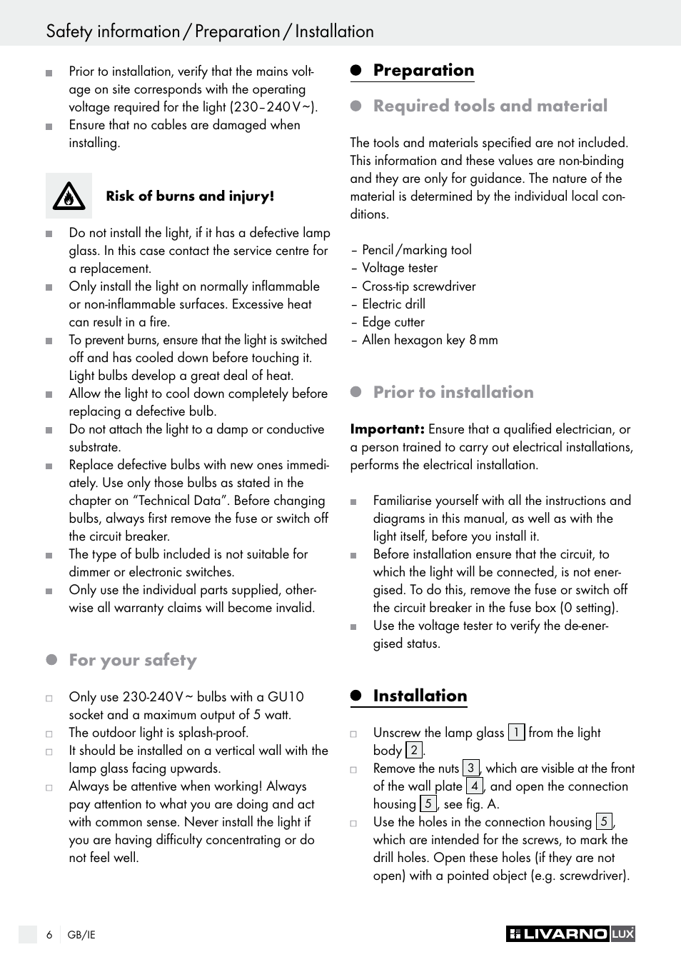 For your safety, Preparation required tools and material, Prior to installation | Installation | Livarno 3125-012L/3425-012L/ 3432-012L User Manual | Page 7 / 22