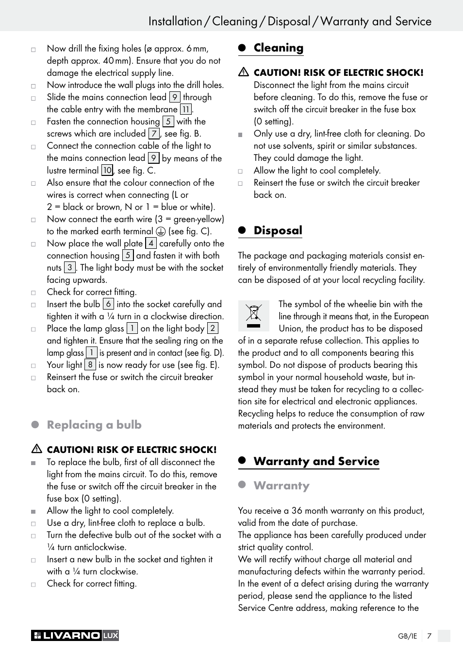 Safety information / preparation / installation, Replacing a bulb, Cleaning | Disposal, Warranty and service, Warranty | Livarno 3125-012L/3425-012L/ 3432-012L User Manual | Page 8 / 22