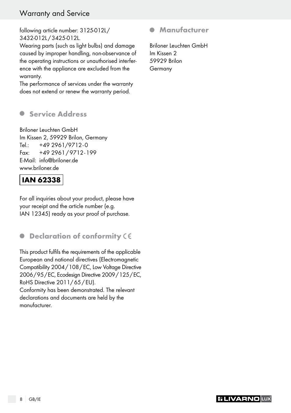 Warranty and service, Introduction / indications de sécurité, Service address | Declaration of conformity, Manufacturer | Livarno 3125-012L/3425-012L/ 3432-012L User Manual | Page 9 / 22