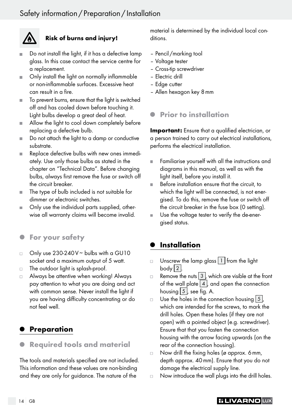 For your safety, Preparation required tools and material, Prior to installation | Installation | Livarno 3124-022L /3463-022L User Manual | Page 14 / 17