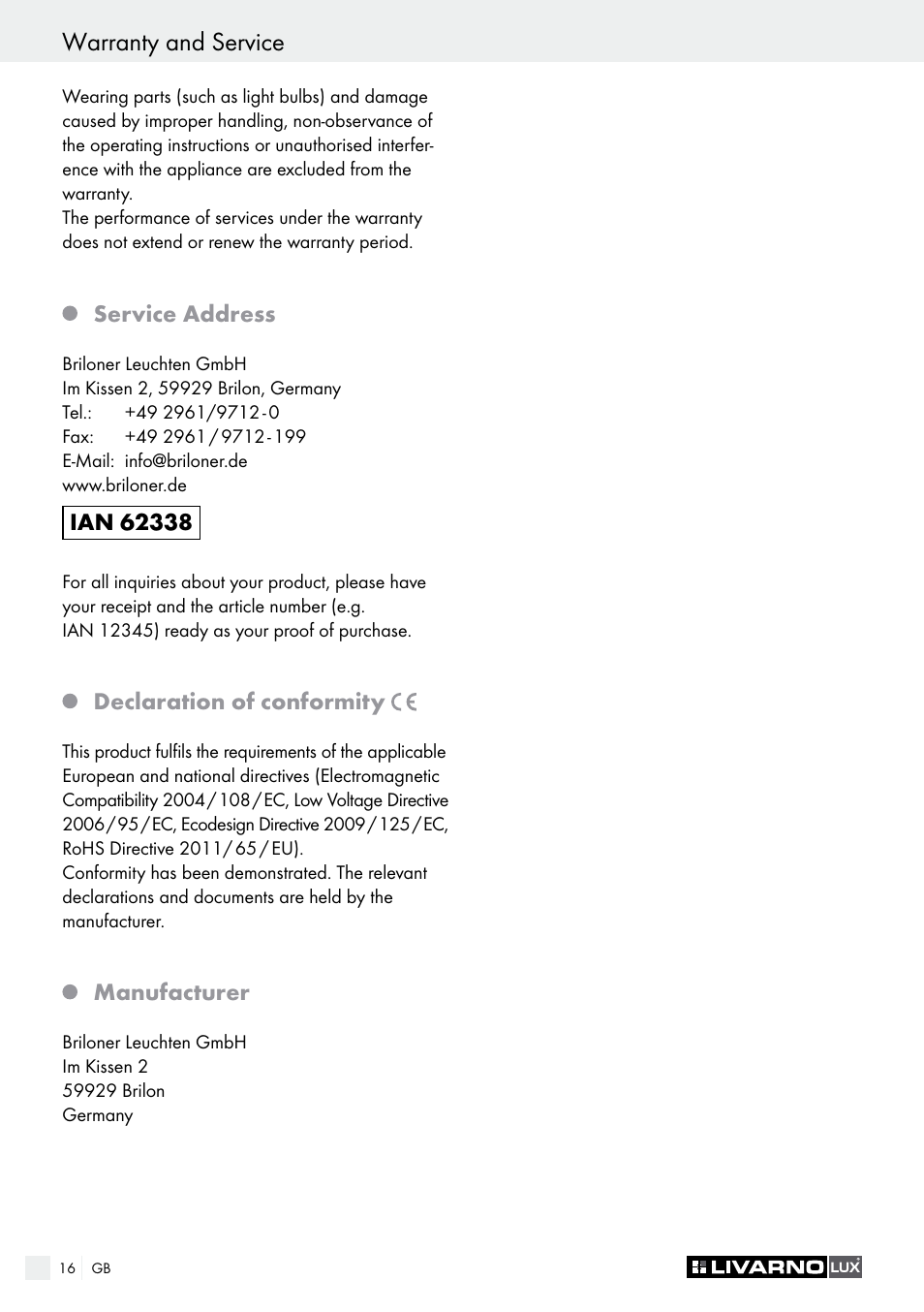 Warranty and service, Service address, Declaration of conformity | Manufacturer | Livarno 3124-022L /3463-022L User Manual | Page 16 / 17