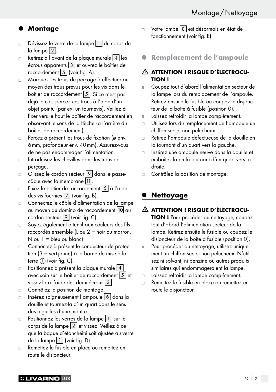 Montage / nettoyage, Indications de sécurité / préparation, Montage | Remplacement de l’ampoule, Nettoyage | Livarno 3124-022L /3463-022L User Manual | Page 7 / 17