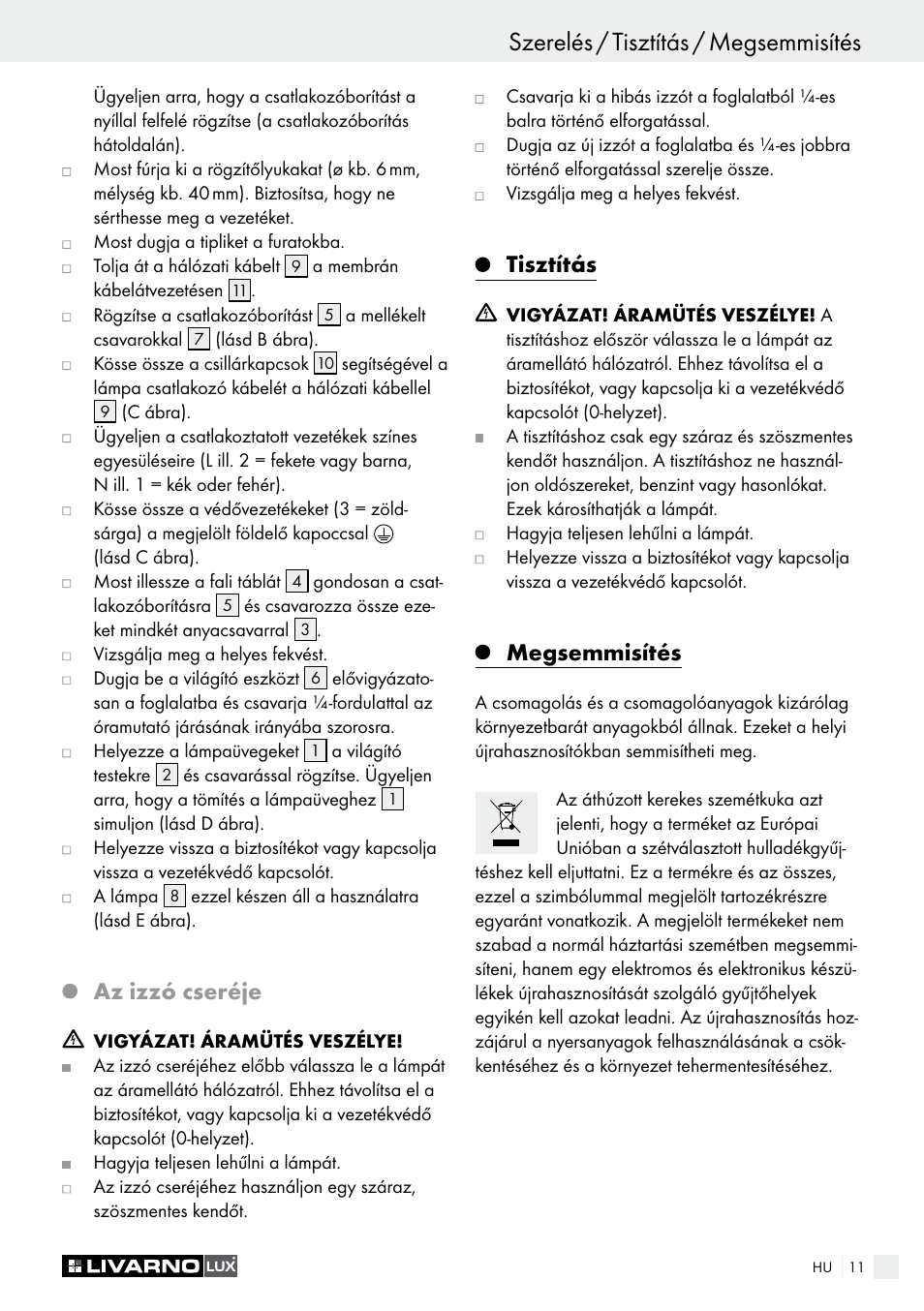 Az izzó cseréje, Tisztítás, Megsemmisítés | Livarno 3124-022L /3463-022L User Manual | Page 11 / 33