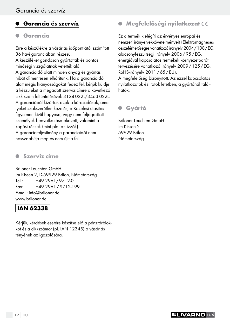 Garancia és szervíz, Uvod / varnostni napotki | Livarno 3124-022L /3463-022L User Manual | Page 12 / 33