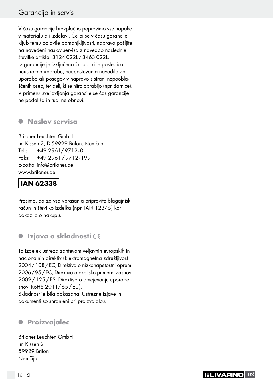 Garancija in servis, Garancijski list | Livarno 3124-022L /3463-022L User Manual | Page 16 / 33