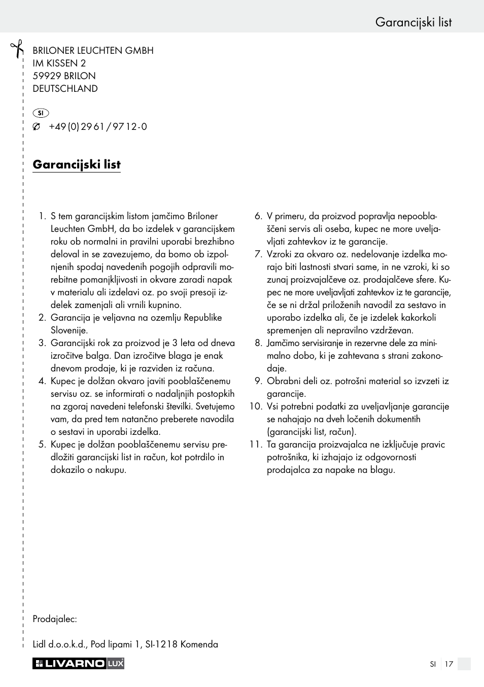 Garancija in servis garancijski list, Garancijski list | Livarno 3124-022L /3463-022L User Manual | Page 17 / 33