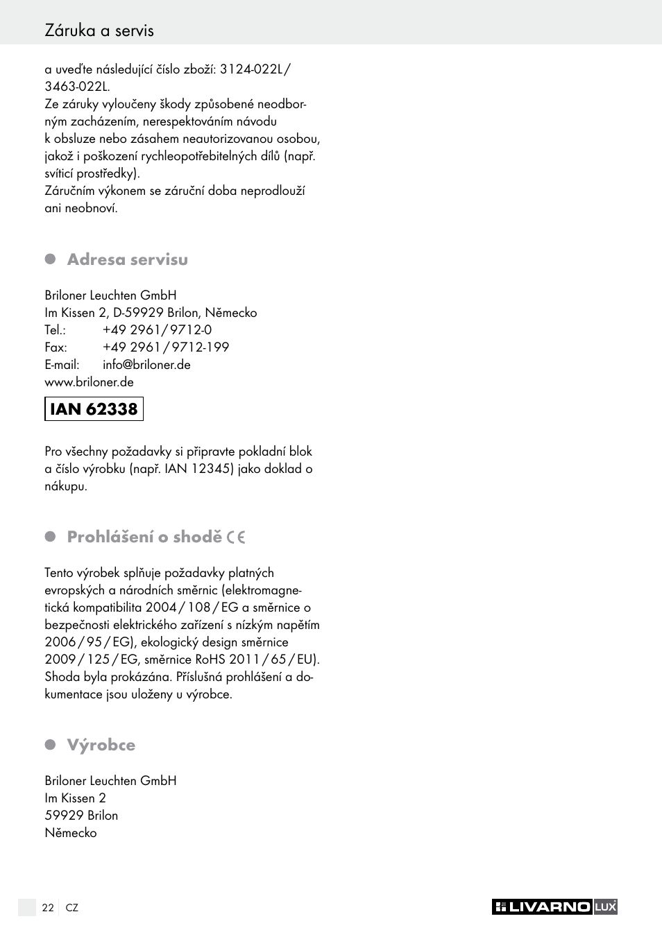 Úvod / bezpečnostné upozornenia záruka a servis | Livarno 3124-022L /3463-022L User Manual | Page 22 / 33