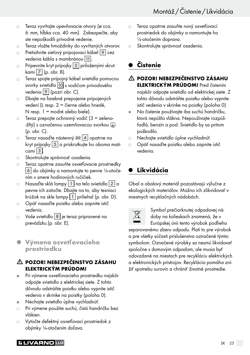 Výmena osvetľovacieho prostriedku, Čistenie, Likvidácia | Livarno 3124-022L /3463-022L User Manual | Page 25 / 33