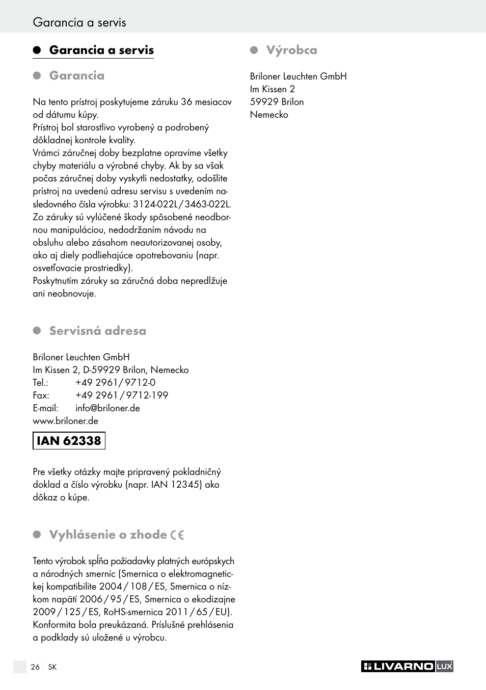 Garancia a servis, Einleitung / sicherheitshinweise | Livarno 3124-022L /3463-022L User Manual | Page 26 / 33