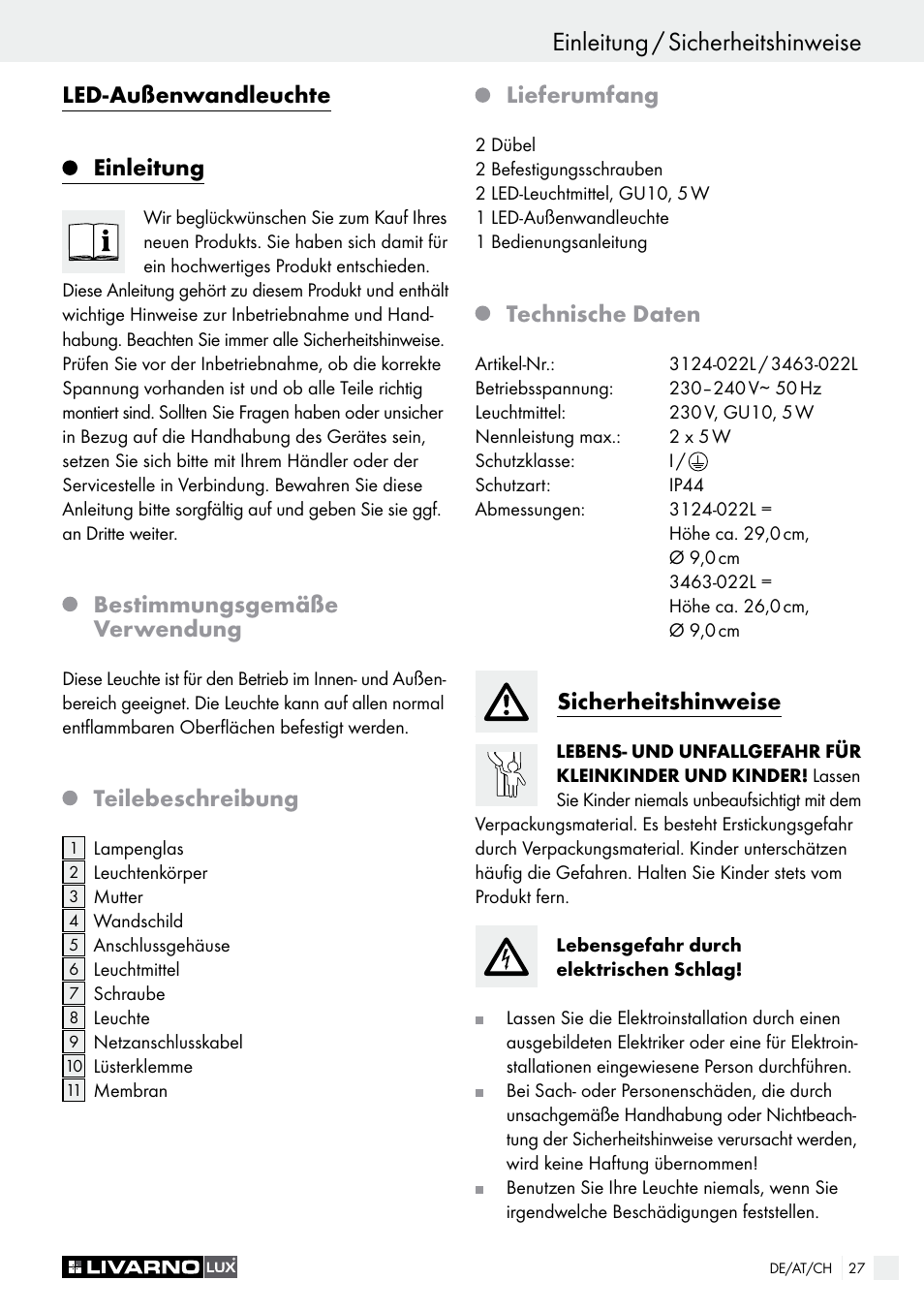 Garancia a servis einleitung / sicherheitshinweise, Led-außenwandleuchte einleitung, Bestimmungsgemäße verwendung | Teilebeschreibung, Lieferumfang, Technische daten, Sicherheitshinweise | Livarno 3124-022L /3463-022L User Manual | Page 27 / 33