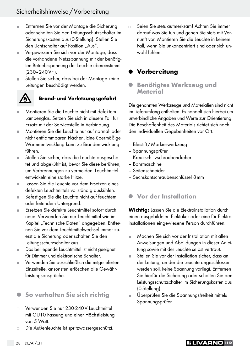 Sicherheitshinweise / vorbereitung, Montage / reinigung / entsorgung, So verhalten sie sich richtig | Vorbereitung benötigtes werkzeug und material, Vor der installation | Livarno 3124-022L /3463-022L User Manual | Page 28 / 33