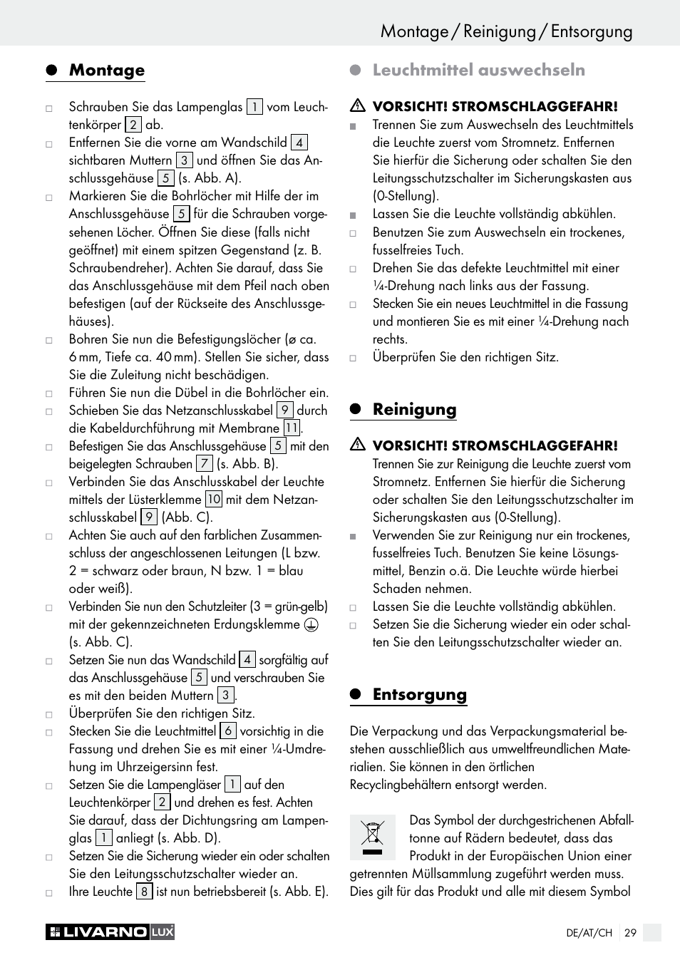 Montage, Leuchtmittel auswechseln, Reinigung | Entsorgung | Livarno 3124-022L /3463-022L User Manual | Page 29 / 33