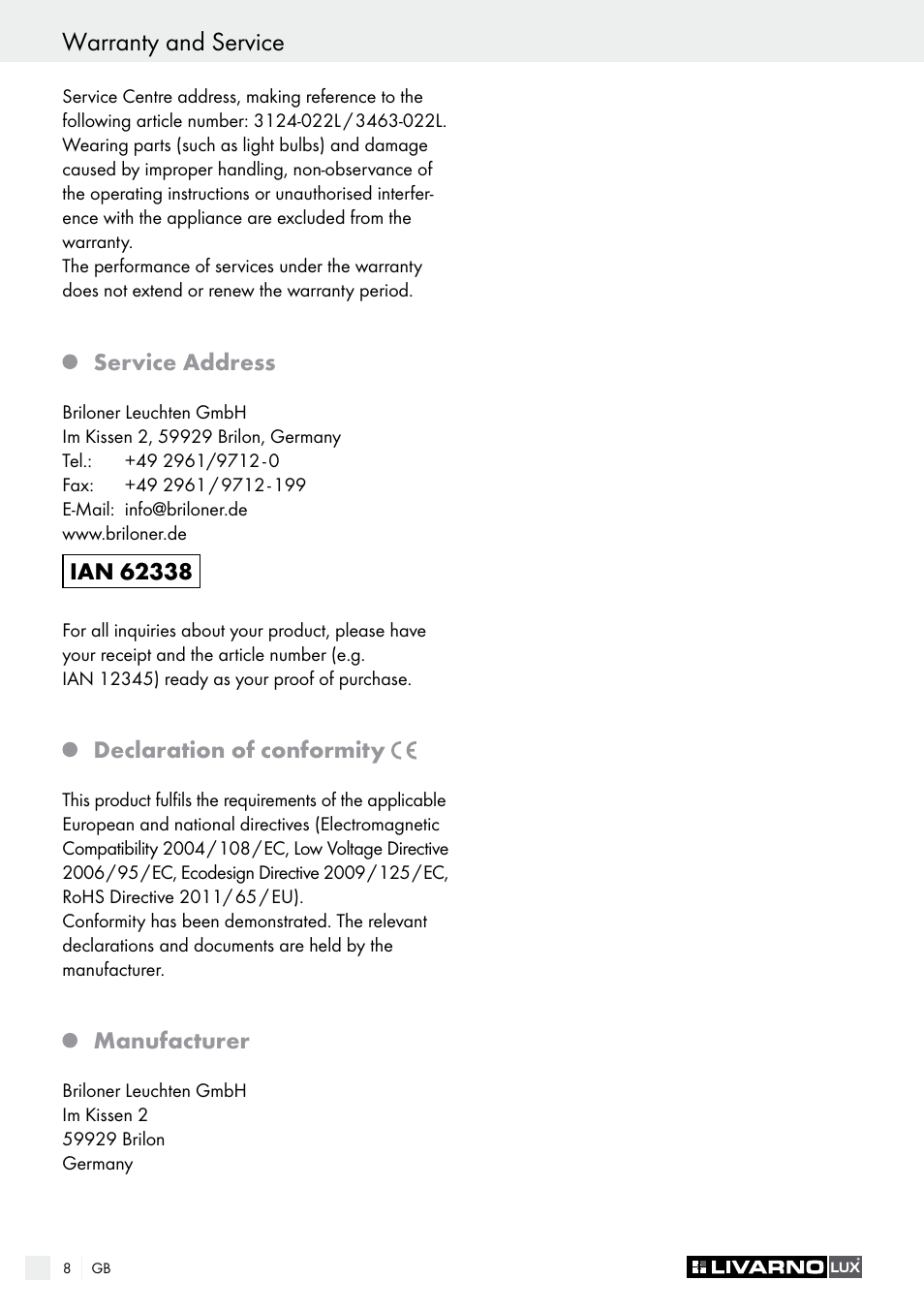 Livarno 3124-022L /3463-022L User Manual | Page 8 / 33