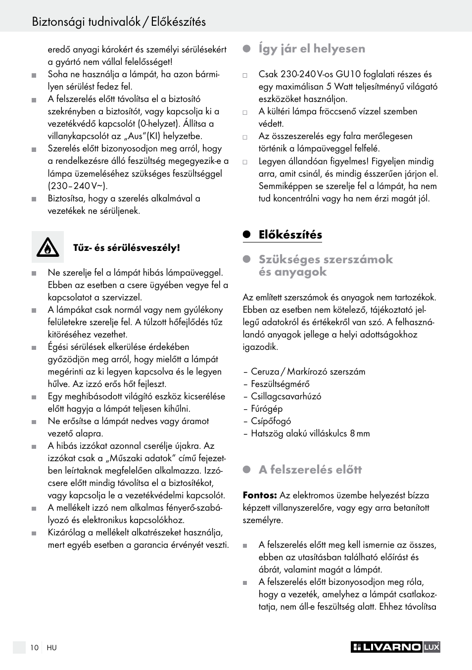 Így jár el helyesen, Előkészítés szükséges szerszámok és anyagok, A felszerelés előtt | Livarno 3125-012L/3425-012L/ 3432-012L User Manual | Page 11 / 34