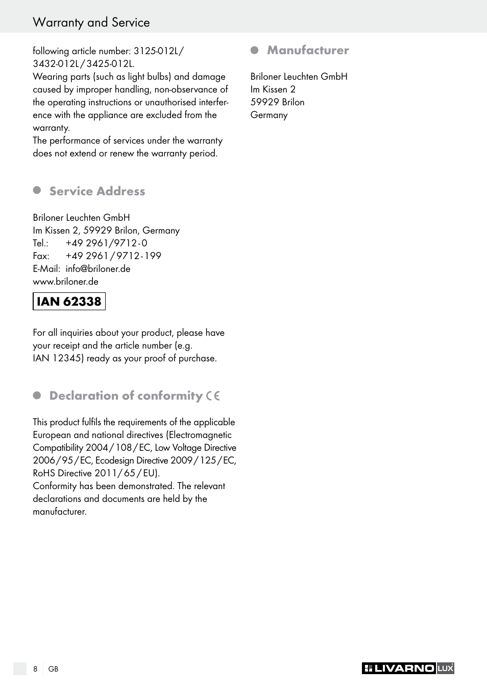 Service address, Declaration of conformity, Manufacturer | Livarno 3125-012L/3425-012L/ 3432-012L User Manual | Page 9 / 34