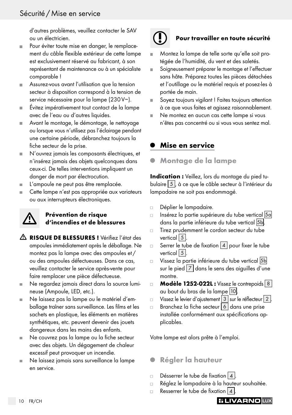 Mise en service montage de la lampe, Régler la hauteur | Livarno 1225-022L or 1252-022L User Manual | Page 10 / 25