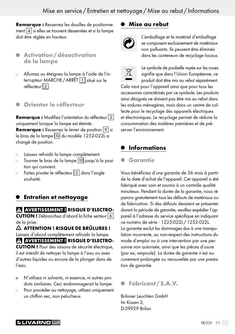 Activation / désactivation de la lampe, Orienter le réflecteur, Entretien et nettoyage | Mise au rebut, Informations garantie, Fabricant / s.a.v | Livarno 1225-022L or 1252-022L User Manual | Page 11 / 25