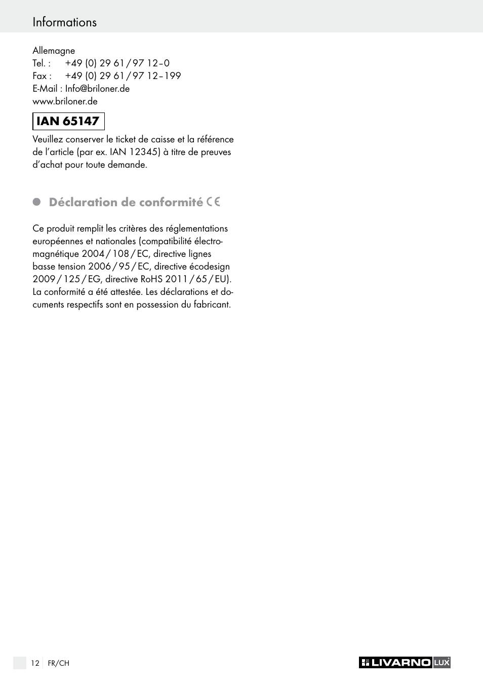 Introduzione / sicurezza informations | Livarno 1225-022L or 1252-022L User Manual | Page 12 / 25