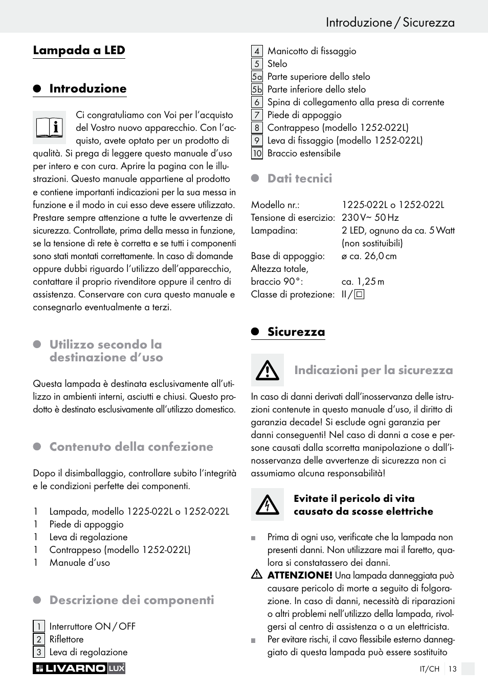 Introduzione / sicurezza informations, Lampada a led introduzione, Utilizzo secondo la destinazione d’uso | Contenuto della confezione, Descrizione dei componenti, Dati tecnici, Sicurezza indicazioni per la sicurezza | Livarno 1225-022L or 1252-022L User Manual | Page 13 / 25