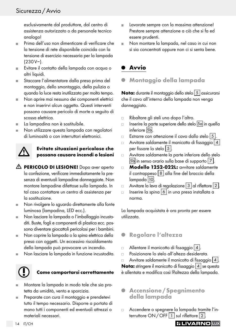 Accensione / spegnimento della lampada, Avvio montaggio della lampada, Regolare l‘altezza | Livarno 1225-022L or 1252-022L User Manual | Page 14 / 25