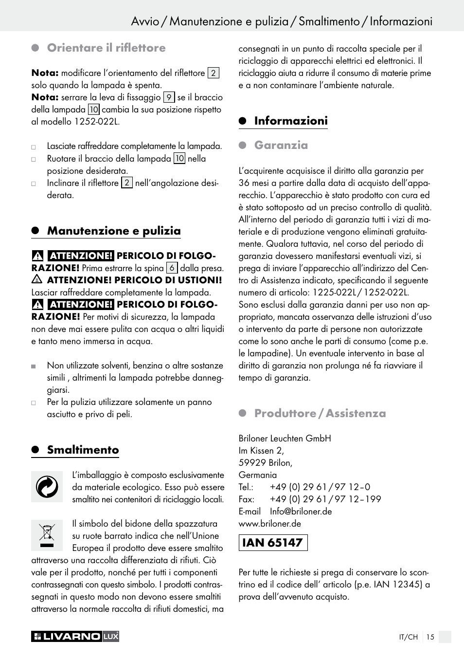 Orientare il riflettore, Manutenzione e pulizia, Smaltimento | Informazioni garanzia, Produttore / assistenza | Livarno 1225-022L or 1252-022L User Manual | Page 15 / 25