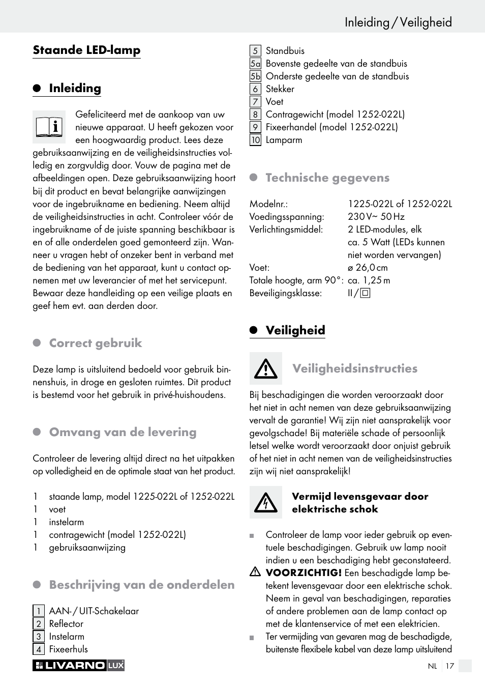 Inleiding / veiligheid, Informazioni, Staande led-lamp inleiding | Correct gebruik, Omvang van de levering, Beschrijving van de onderdelen, Technische gegevens, Veiligheid veiligheidsinstructies | Livarno 1225-022L or 1252-022L User Manual | Page 17 / 25