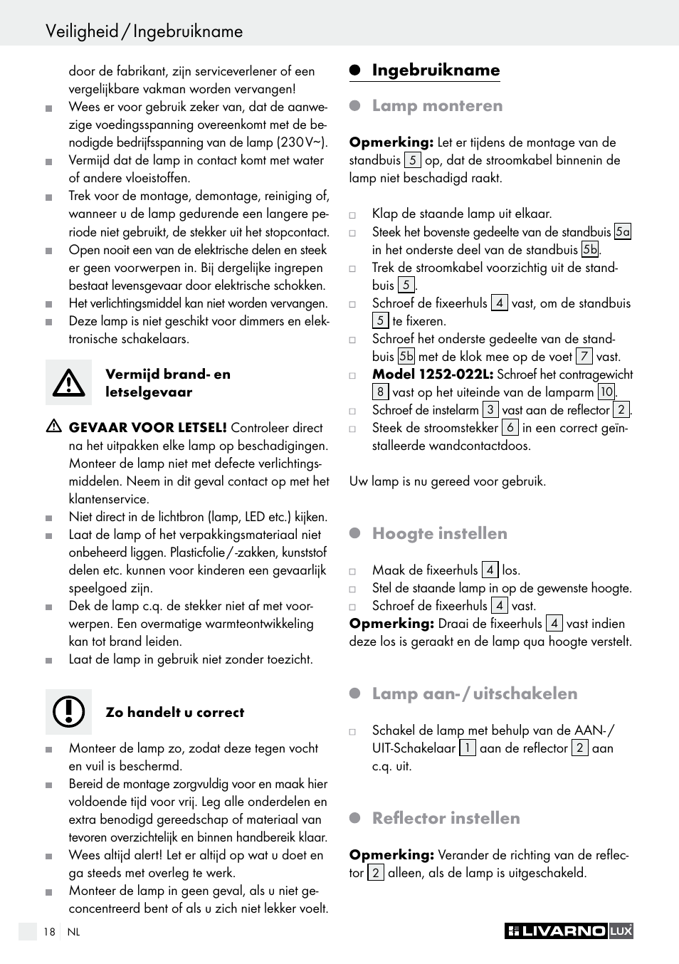 Lamp aan- / uitschakelen, Reflector instellen, Ingebruikname lamp monteren | Hoogte instellen | Livarno 1225-022L or 1252-022L User Manual | Page 18 / 25