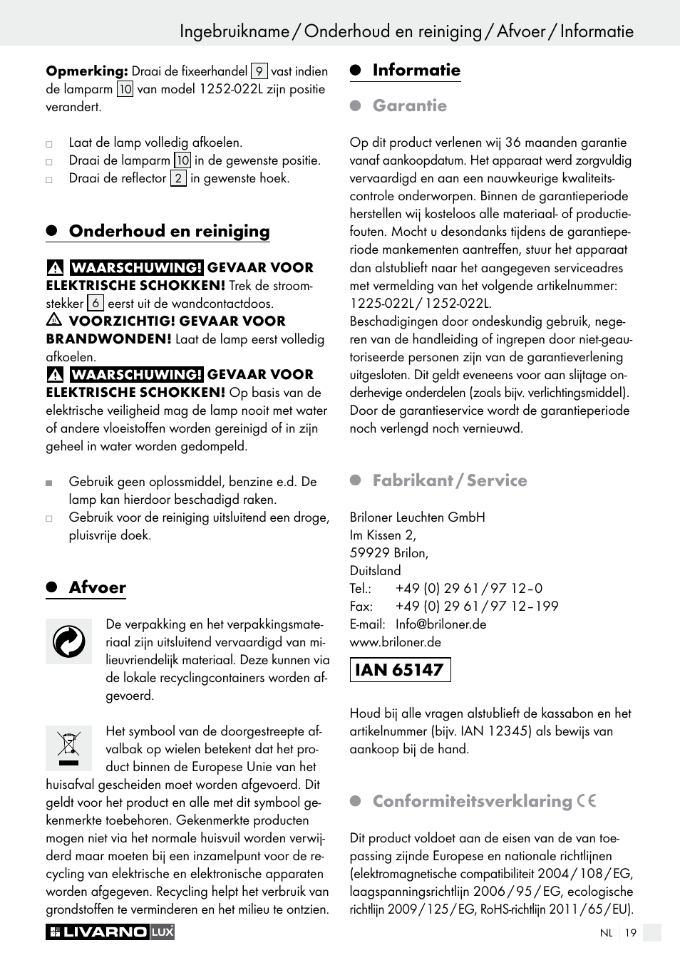 Onderhoud en reiniging, Afvoer, Informatie garantie | Fabrikant / service, Conformiteitsverklaring | Livarno 1225-022L or 1252-022L User Manual | Page 19 / 25