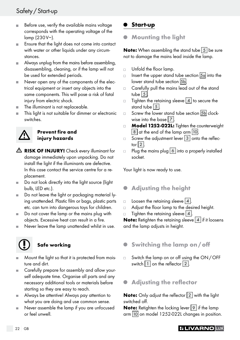 Switching the lamp on / off, Adjusting the reflector, Start-up mounting the light | Adjusting the height | Livarno 1225-022L or 1252-022L User Manual | Page 22 / 25