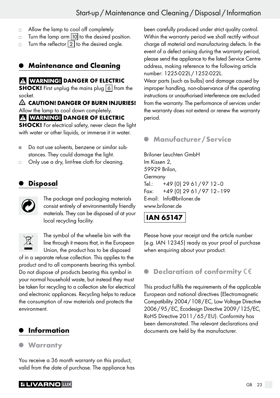 Maintenance and cleaning, Disposal, Information warranty | Manufacturer / service, Declaration of conformity | Livarno 1225-022L or 1252-022L User Manual | Page 23 / 25