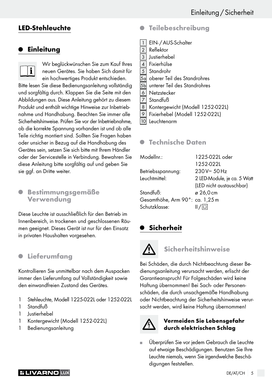 Einleitung / sicherheit, Led-stehleuchte einleitung, Bestimmungsgemäße verwendung | Lieferumfang, Teilebeschreibung, Technische daten, Sicherheit sicherheitshinweise | Livarno 1225-022L or 1252-022L User Manual | Page 5 / 25