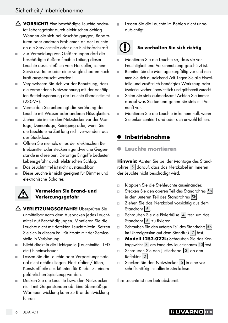 Inbetriebnahme leuchte montieren | Livarno 1225-022L or 1252-022L User Manual | Page 6 / 25