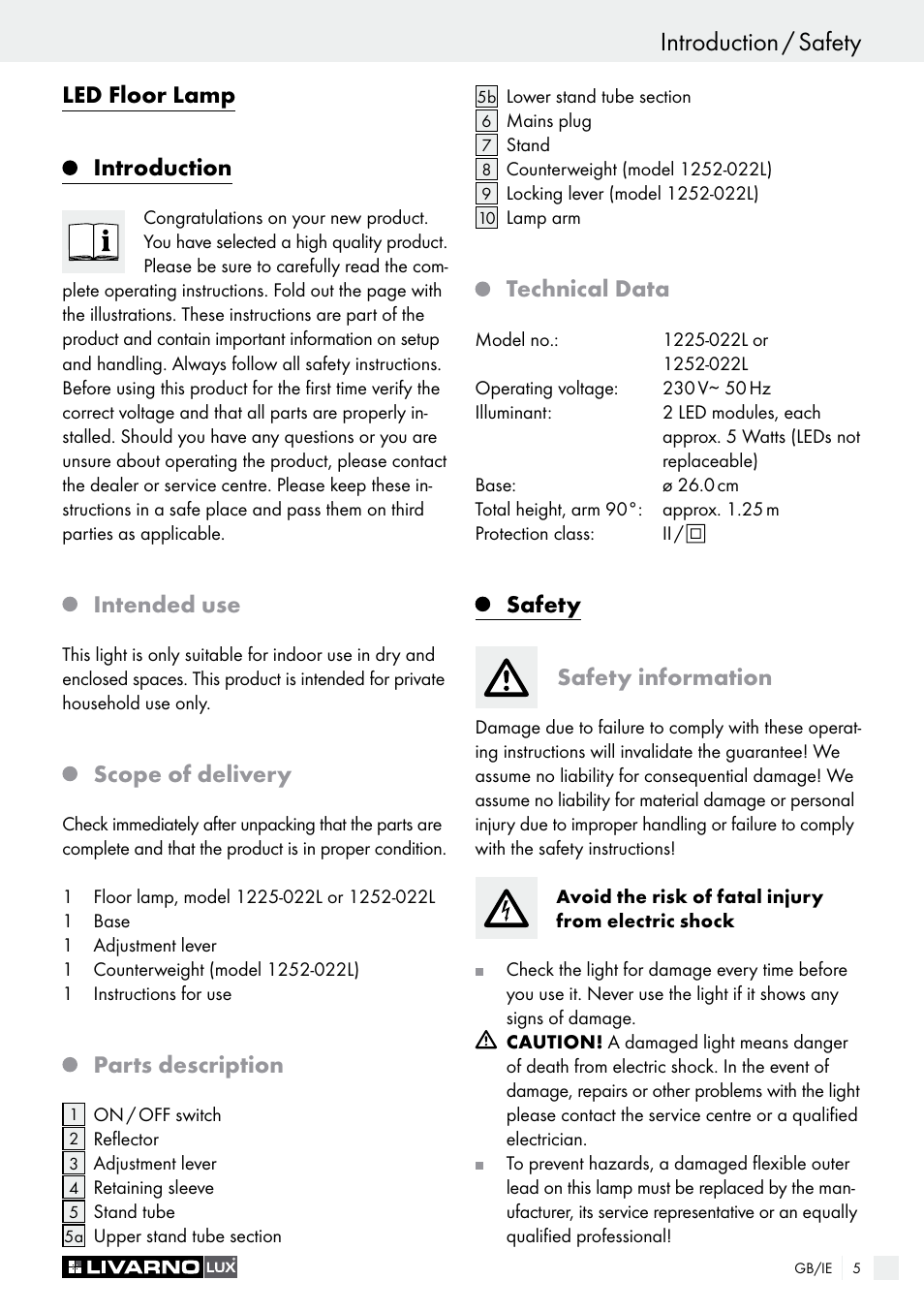 Introduction / safety, Led floor lamp introduction, Intended use | Scope of delivery, Parts description, Technical data, Safety safety information | Livarno 1225-022L or 1252-022L User Manual | Page 5 / 9