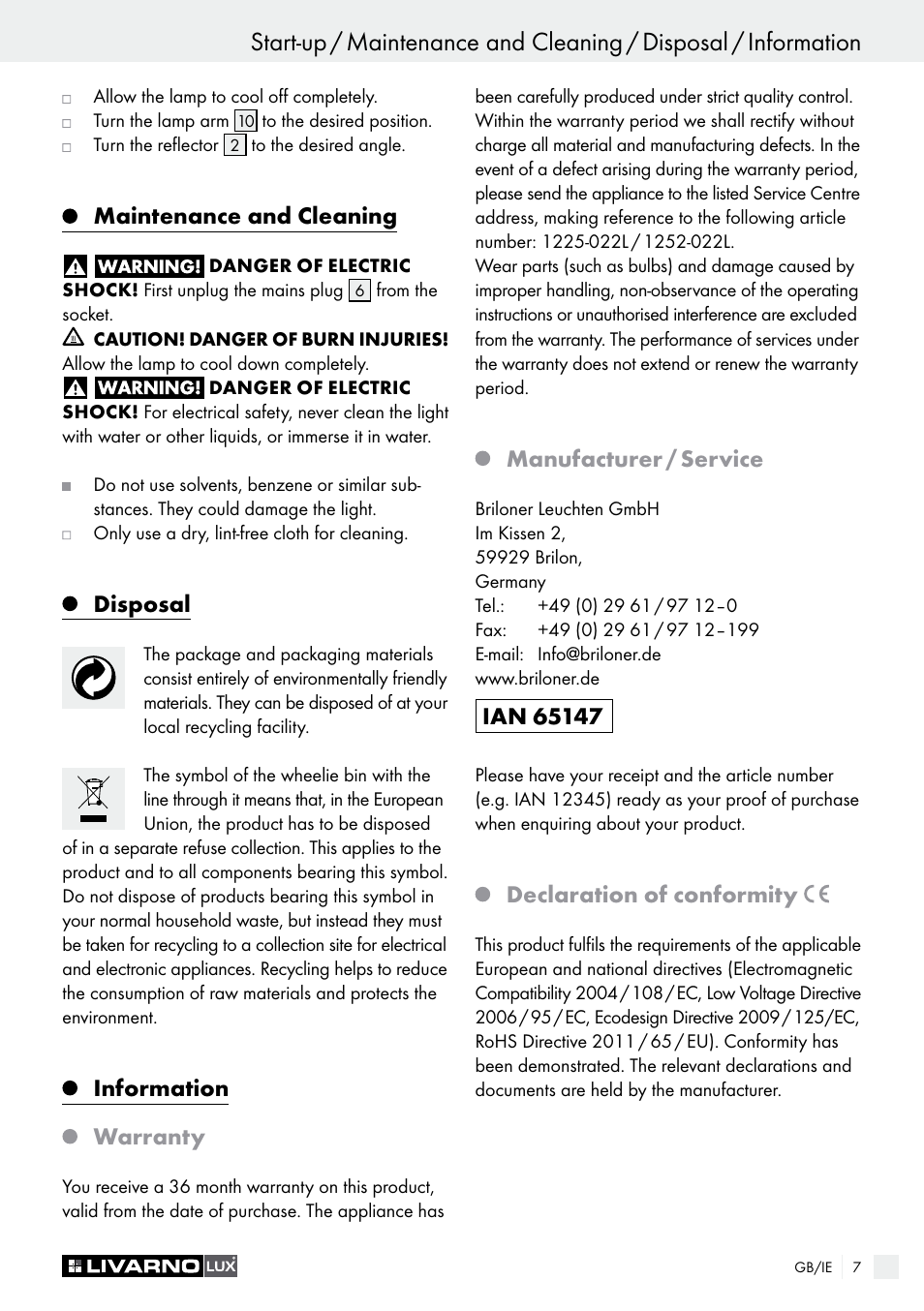 Maintenance and cleaning, Disposal, Information warranty | Manufacturer / service, Declaration of conformity | Livarno 1225-022L or 1252-022L User Manual | Page 7 / 9