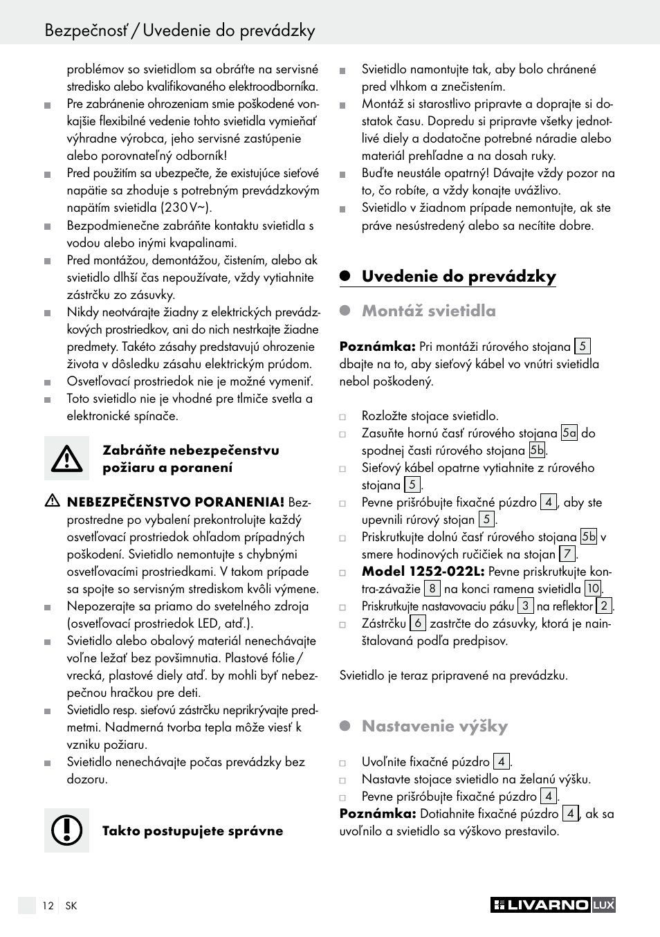 Uvedenie do prevádzky montáž svietidla, Nastavenie výšky | Livarno 1225-022L or 1252-022L User Manual | Page 12 / 21