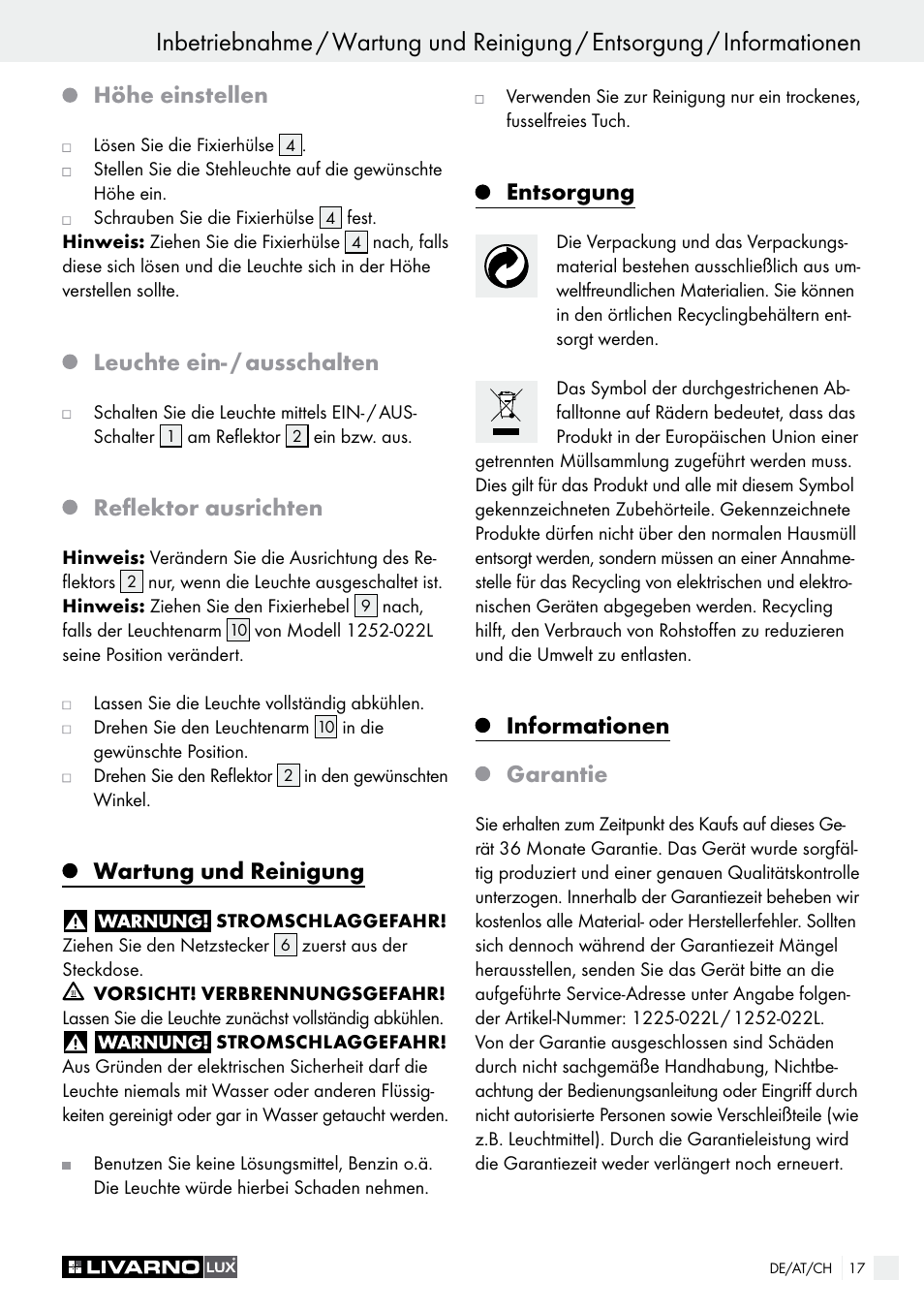 Leuchte ein- / ausschalten, Reflektor ausrichten, Wartung und reinigung | Entsorgung, Informationen garantie, Höhe einstellen | Livarno 1225-022L or 1252-022L User Manual | Page 17 / 21