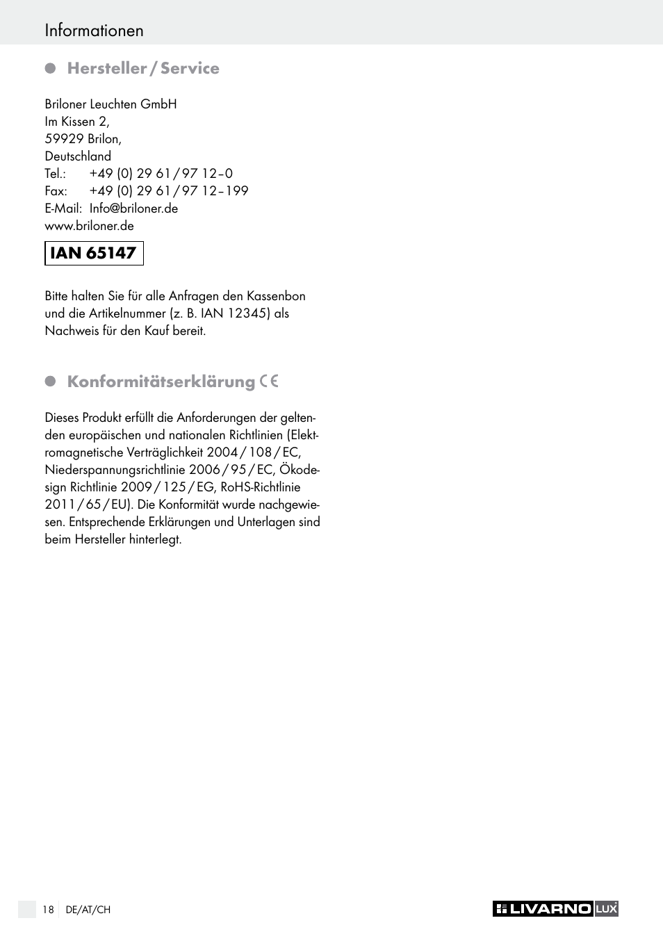 Informationen, Hersteller / service, Konformitätserklärung | Livarno 1225-022L or 1252-022L User Manual | Page 18 / 21