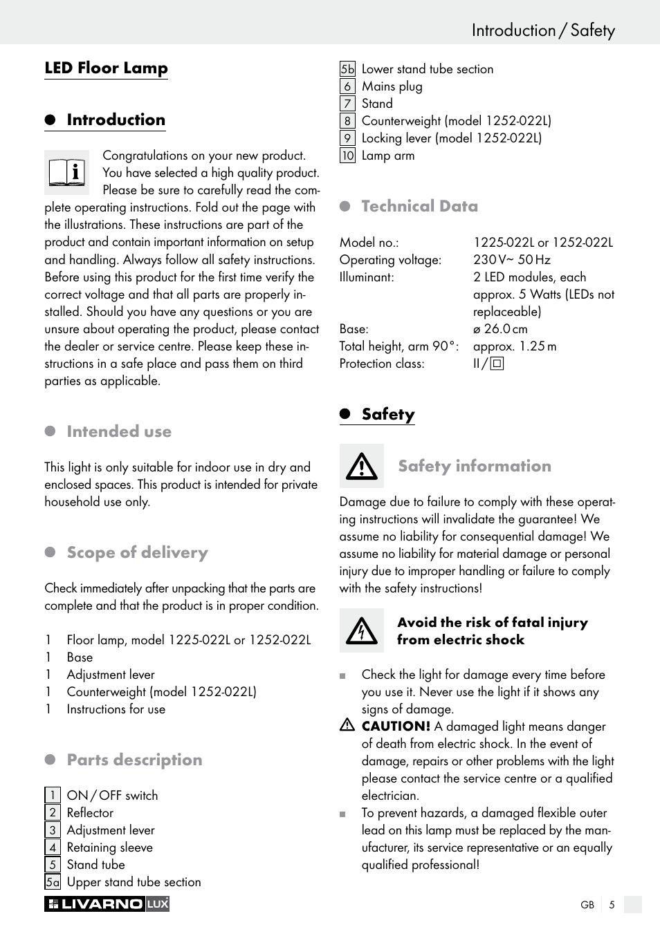 Introduction / safety, Led floor lamp introduction, Intended use | Scope of delivery, Parts description, Technical data, Safety safety information | Livarno 1225-022L or 1252-022L User Manual | Page 5 / 21