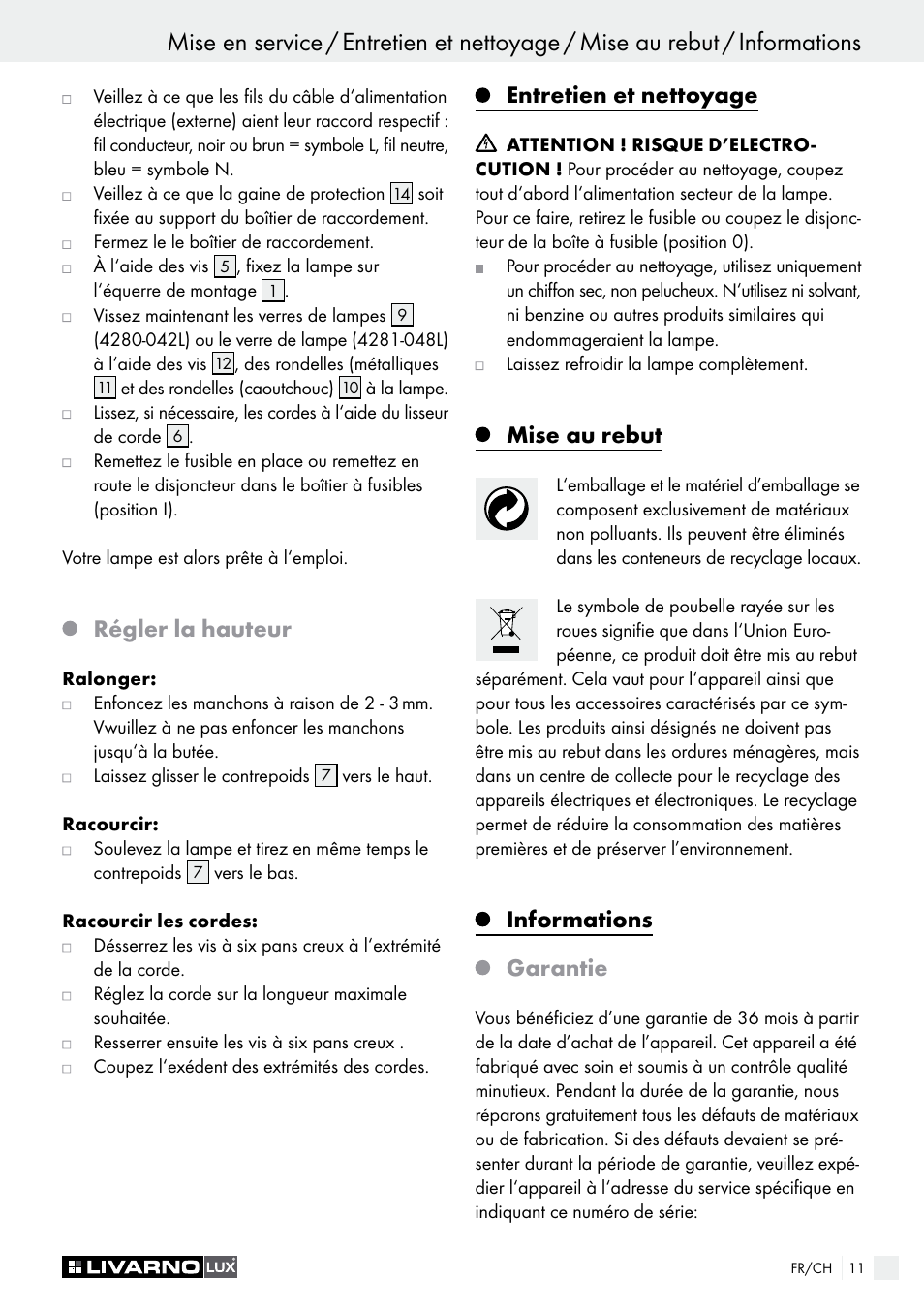 Régler la hauteur, Entretien et nettoyage, Mise au rebut | Informations garantie | Livarno 4280-042L /4281-048L User Manual | Page 10 / 20