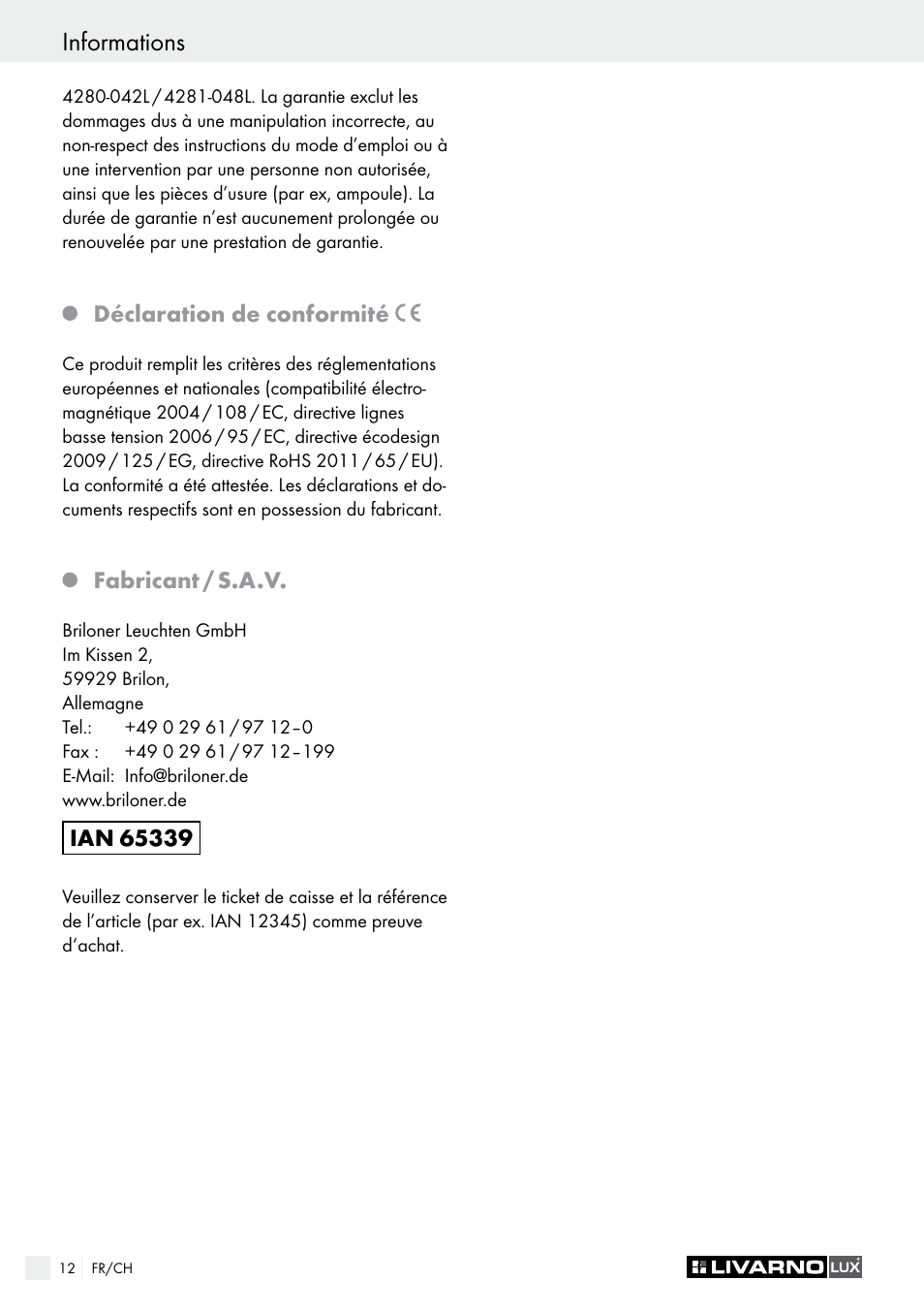 Introduzione / sicurezza informations | Livarno 4280-042L /4281-048L User Manual | Page 11 / 20